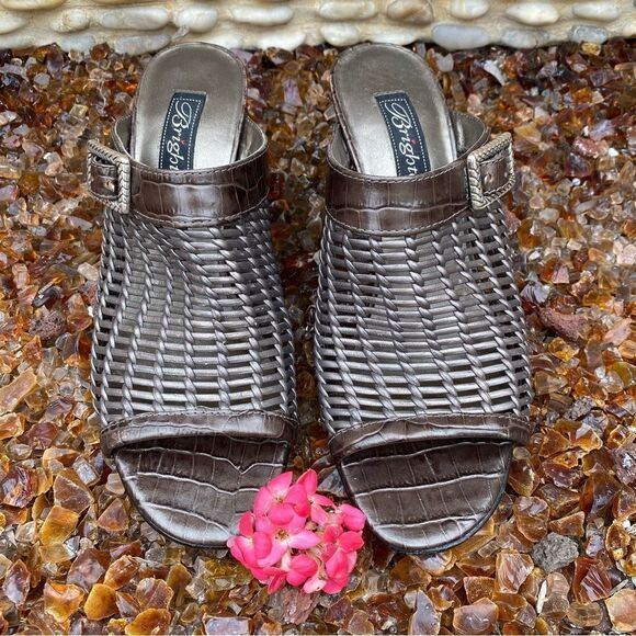 Brighton Pewter/Silver Woven Reed Slide Open Toe Heel Sandal Leather Size 7M EUC - Picture 12 of 12